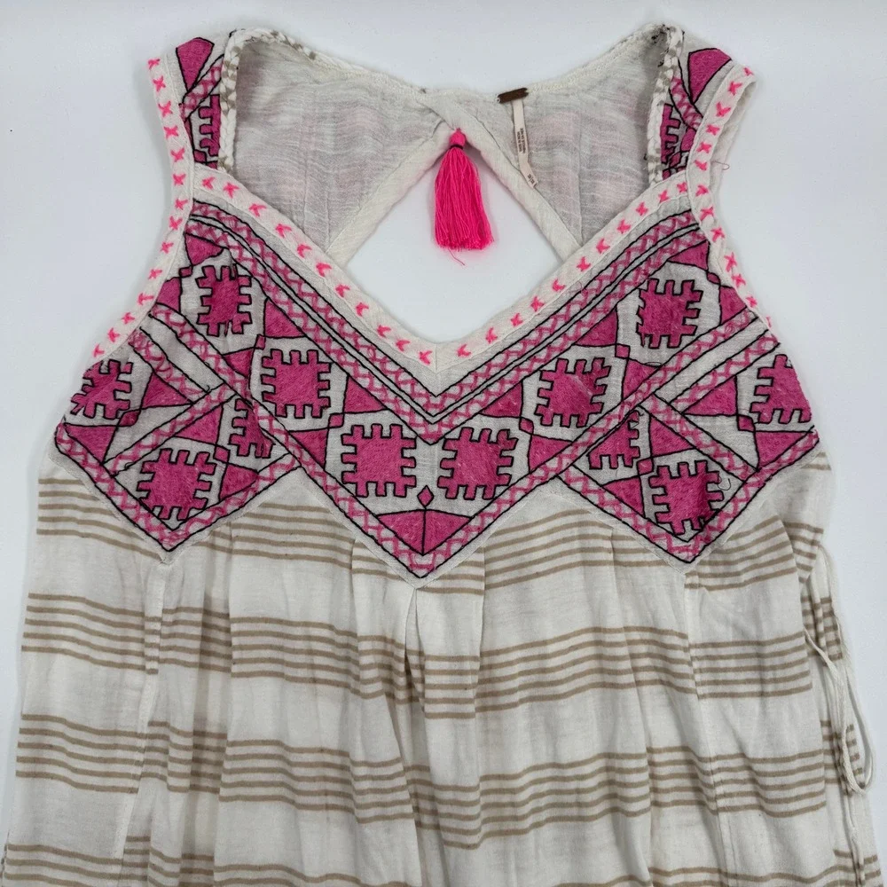 Free People Pink Embroidered Tassel Keyhole Striped Boho Tunic Top Mens M‎